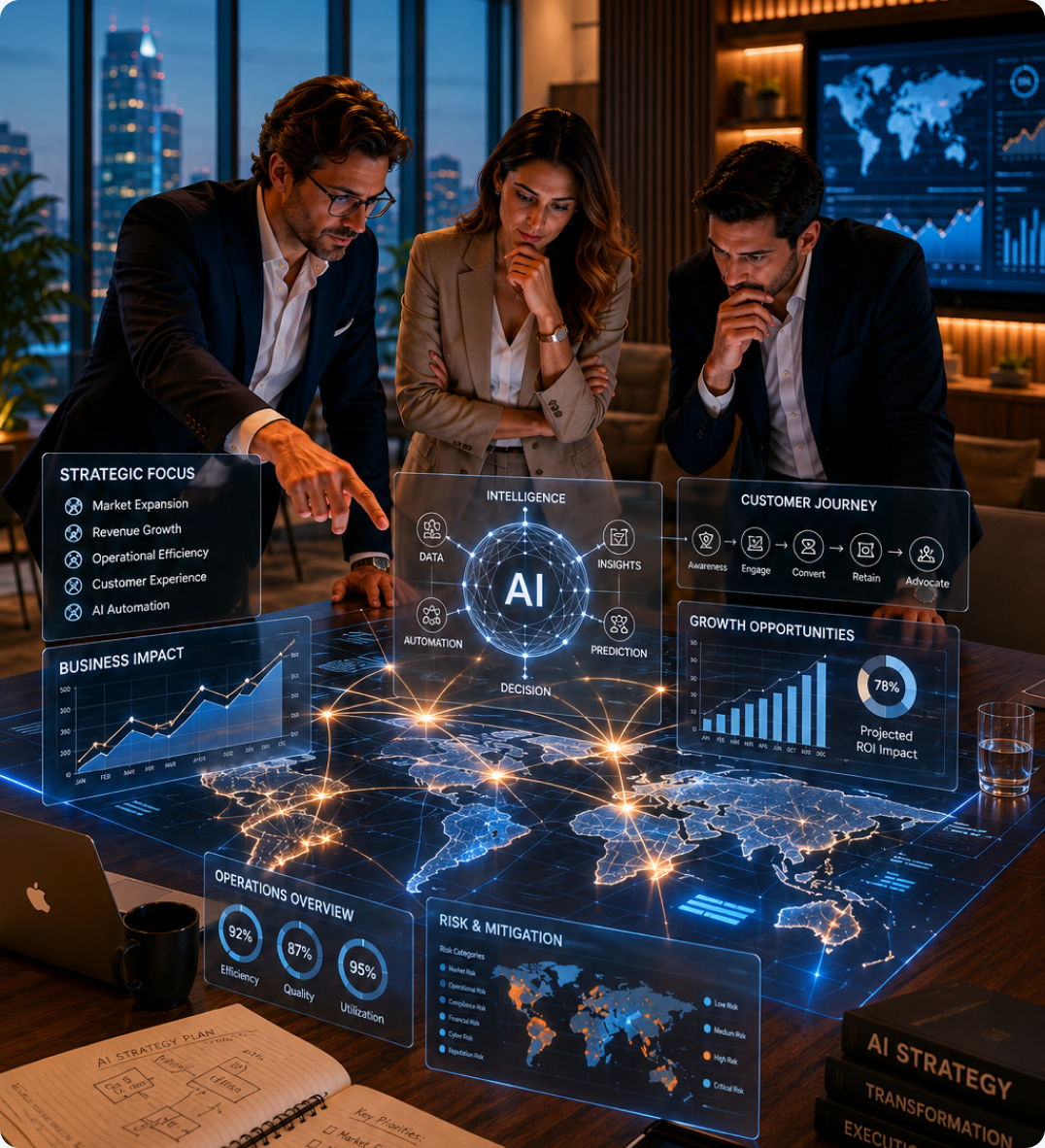 Vertical Intelligence advisors reviewing an AI strategy dashboard